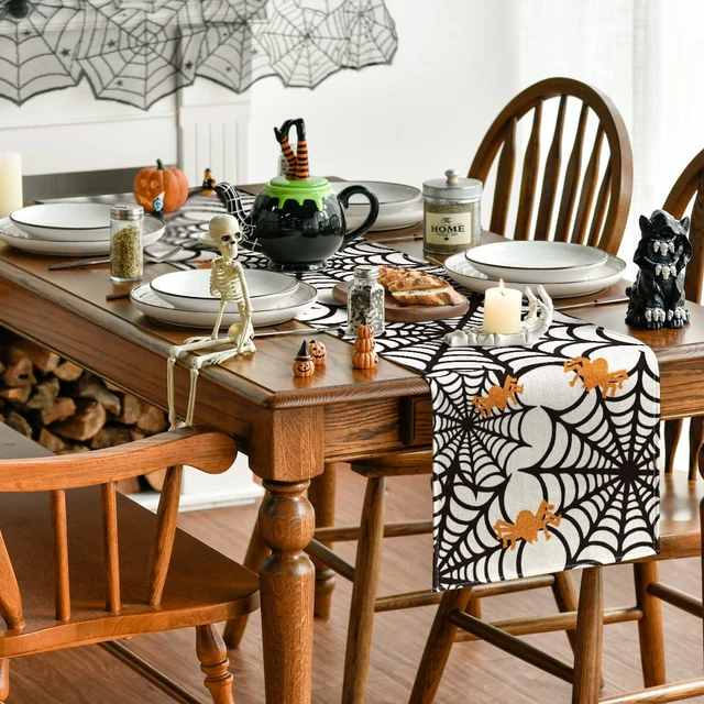 2023 Halloween Fiberflax Table Runner and Placemat Set - Washable Tablecloth with Pumpkin and Ghost Design for Dining Table Decoration