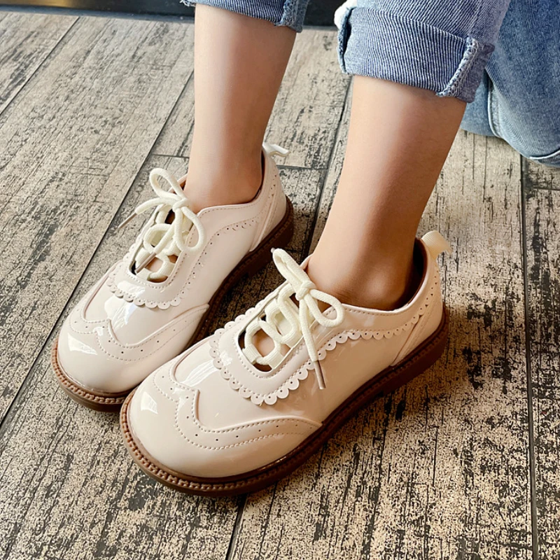 

Leather Shoes for Girl School Korean Style Embose Beige Black Children Casual Shoes Versatile Hollow Out Kid Non-slip Flat Shoes