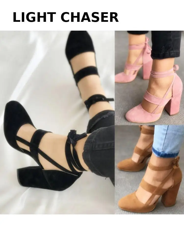 Large Size Women's Shoes Spring Autumn Suede Women's High Heels Lace-up Thick Heel Large Size Single Shoes Summer Rome Sandals