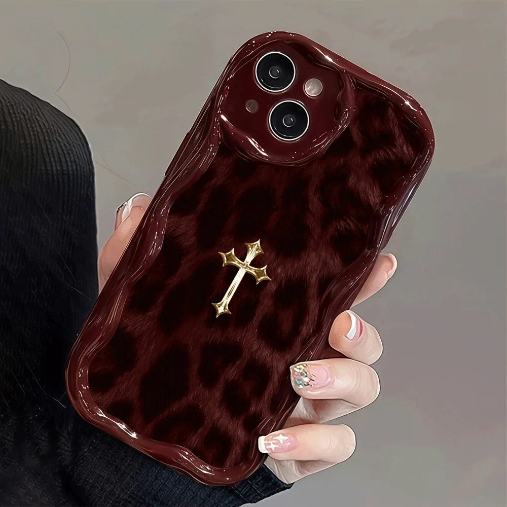 Shockproof Soft Cream Wavy Leopard Fur Metallic Cross Phone Case