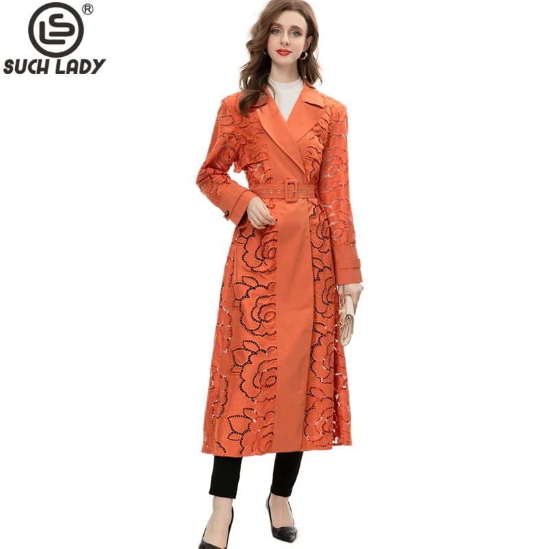 

Women's Runway Trench Coats Notched Collar Long Sleeves Embroidery Hollow Out Fashion High Street Lace Up Belt Designer Outerwea