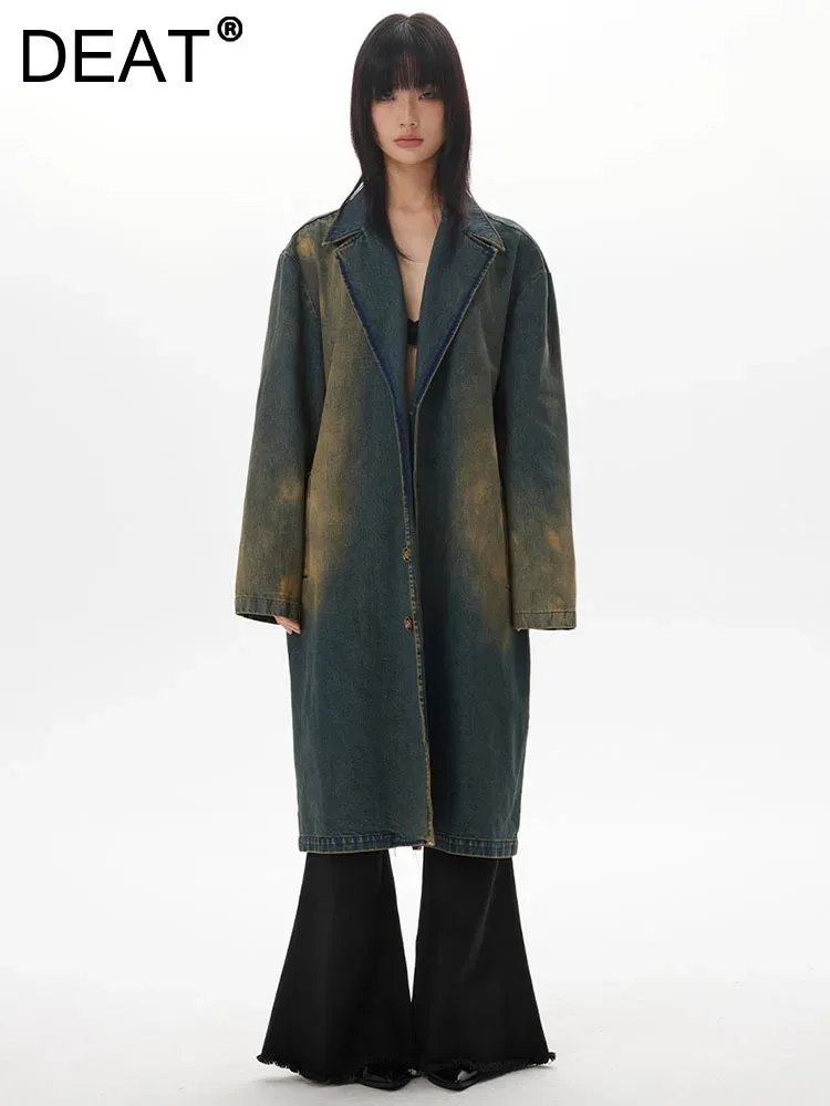 

DEAT Fashion Women's Denim Trench Coat Over Knee Lapel Single Breasted Long Sleeve Vintage Windbreaker Spring 2024 New 7AB3014