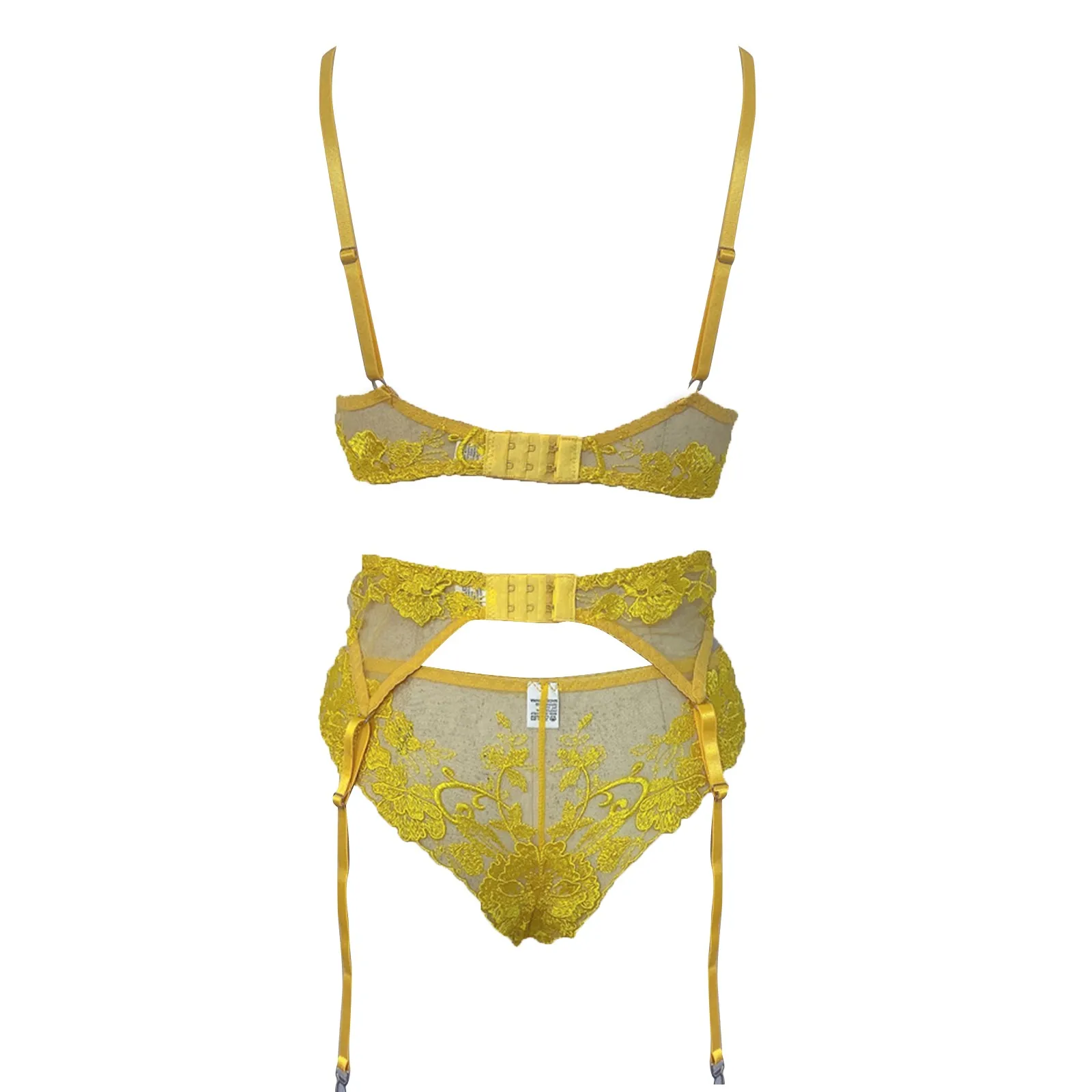 Sexy Woman Lingerie Push Up Fun Underwear Yellow Flower Embroidery Bra Sexy See Through Seksowna Bielizna Damska Set