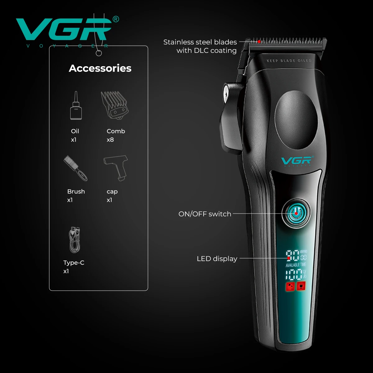 VGR الرجال الشعر المتقلب مقص الشعر المهنية Led آلة...