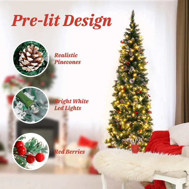 6/6.5/7.5 Ft Artificial TreePre-Decorated Pencil Christmas Tree Pre-Lit Holiday Tree PVC Flocked Frosted Tips Warm White Lights 6