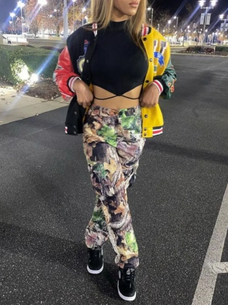 Mid-Waist Side Pocket Design Camo Print Cargo Pants Full Print Zipper Casual Leaf Printed Straight Tube Women's Camo Cargo Print