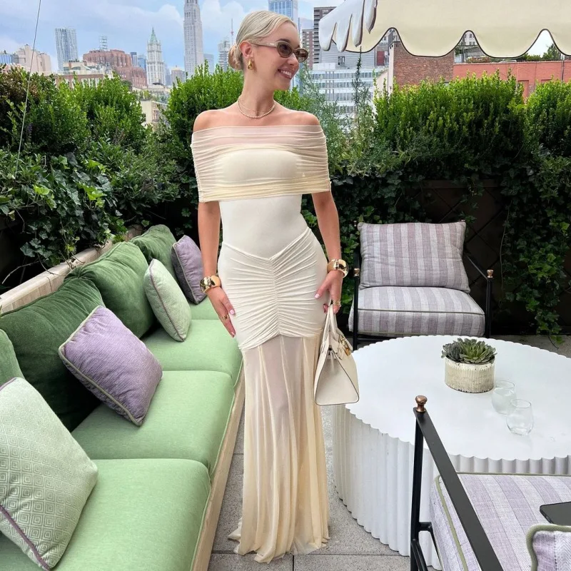 Autumn Mesh 2 Piece-Set Long Dress Women Off-Shoulder Pleated Elegant Bandeau Dress See-Through Female Maxi Dress Outfits