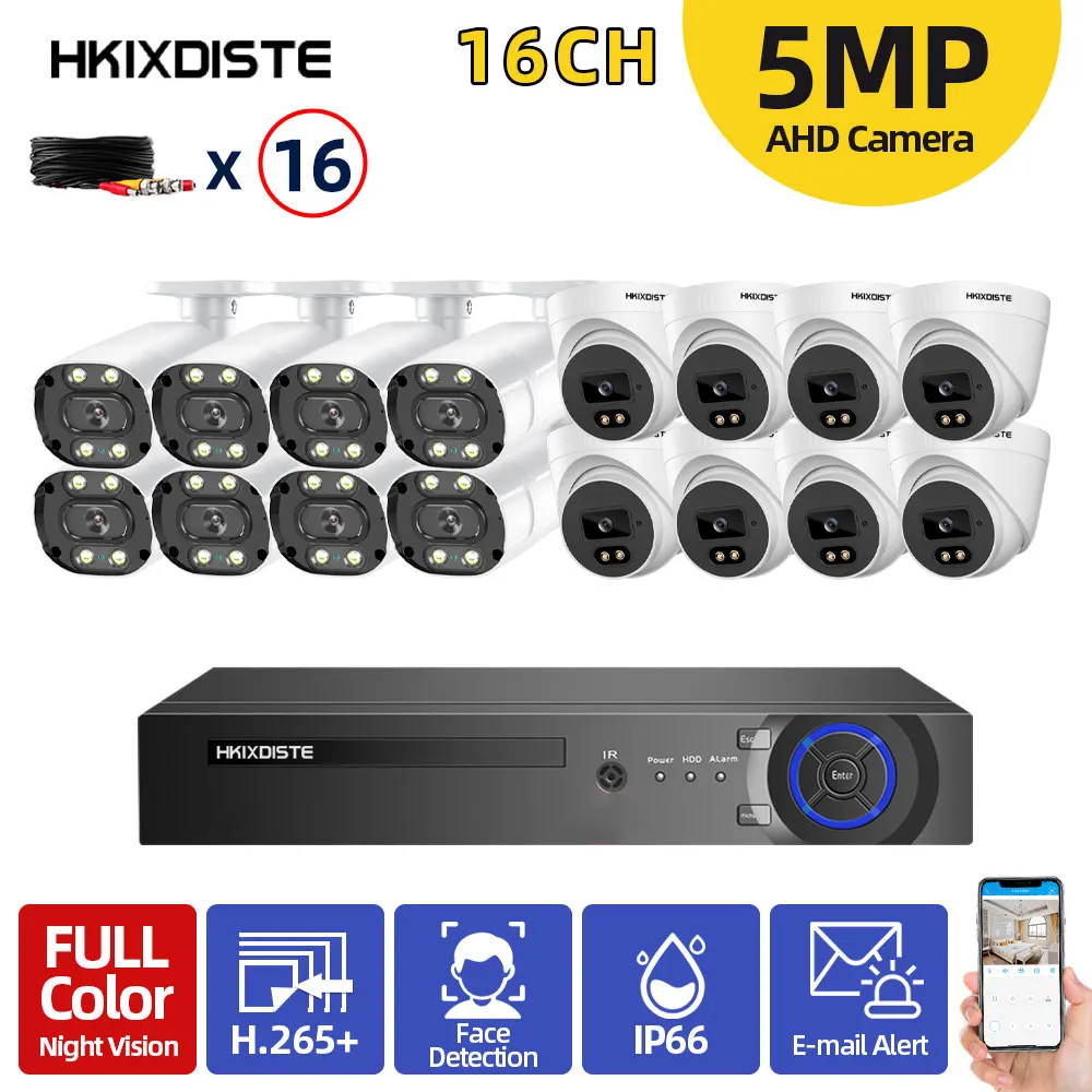 Hkixdiste 5Mp Kit Sistema Di Videosorveglianza Dvr A 16 Canali 5Mp 8/16Pcs Set Di Sistemi Di Sicurezza Per Telecamere Cctv Con Telecamera Ahd Notturna