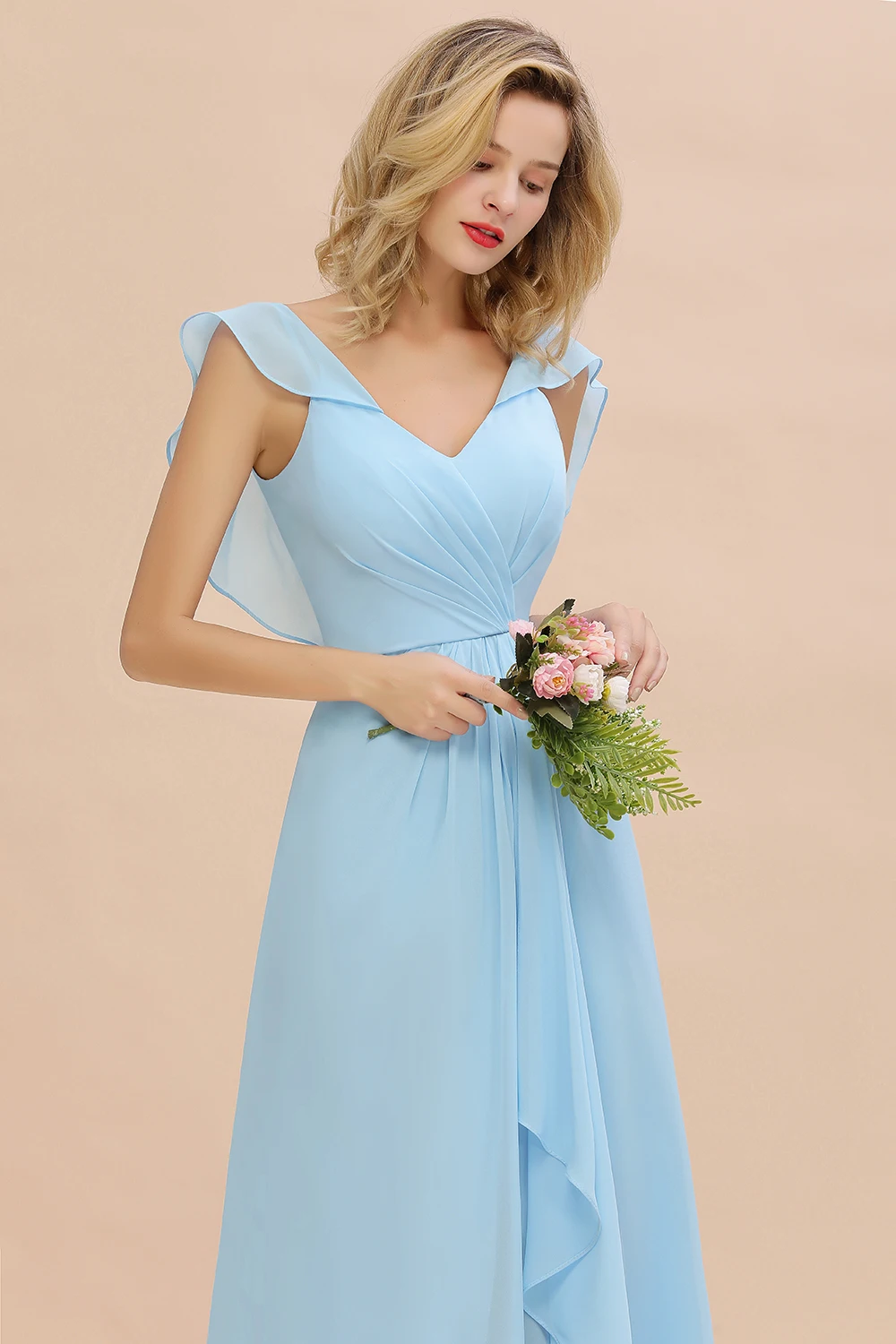 MisShow New Sky Blue Long Bridesmaid Dresses V Neck Ruched A Line Chiffon Prom Party Gowns Vestidos Elegantes Para Mujer