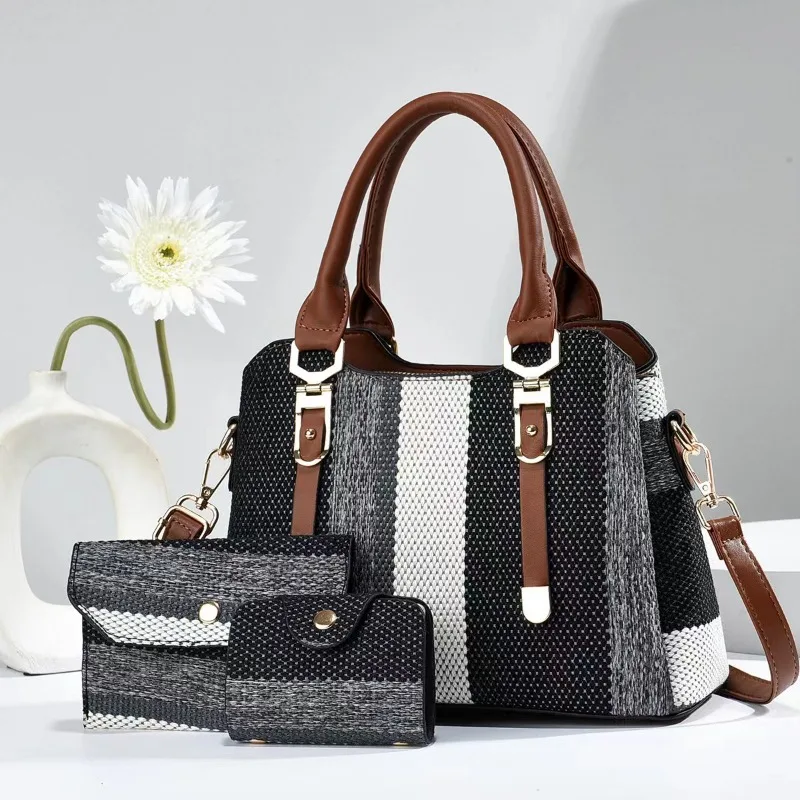 

High Quality Shoulder Bag of Women Striped 3 Piece Set Canvas Crossbody Composite Tote Bags Multicolor Commuting Luxury Handbag