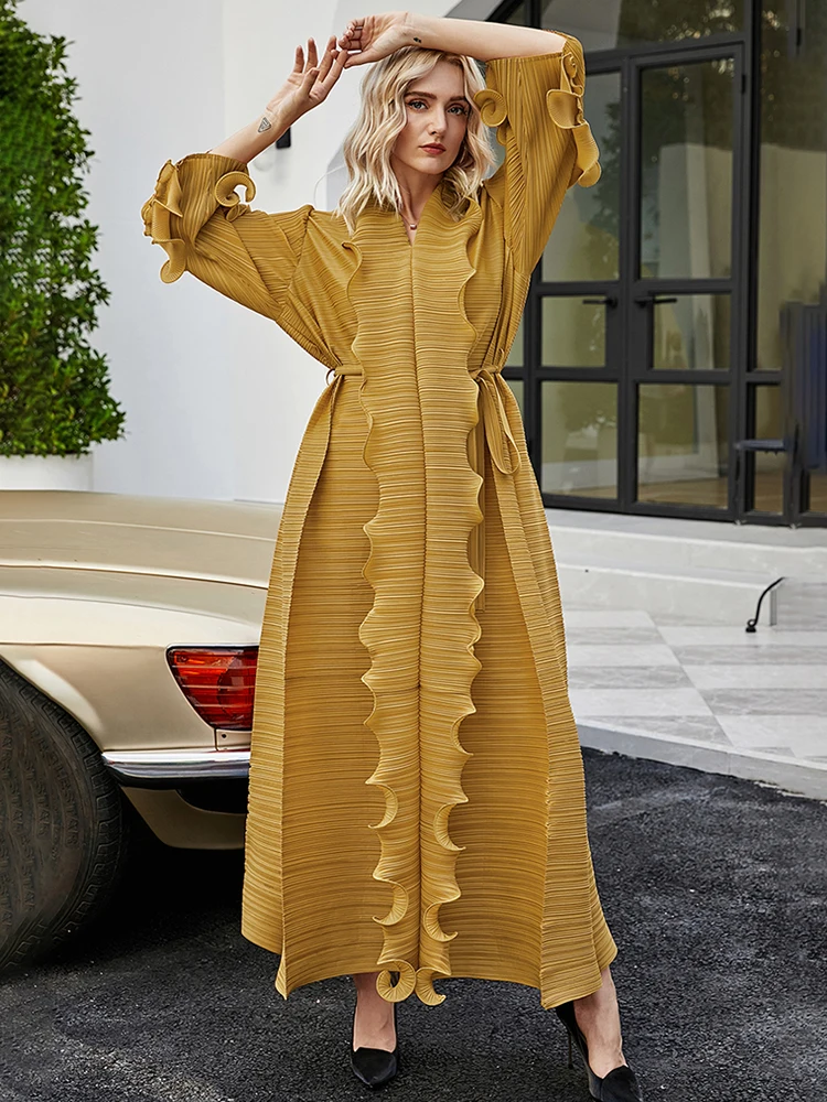 TIANPEI Pleated Scarf Collar Petal Sleeve Dress Long Orange Original  Designer Women Aesthetic Clothes - AliExpress 200000345