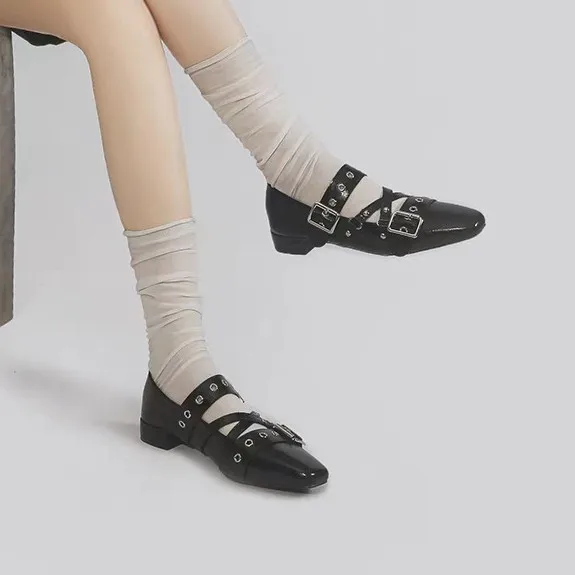 Spring Autumn Women Mary Jane Shoes Fashion Square Toe Ladies Comfort Soft Sole Flats Belt Buckle Women's Comfort Flats Shoes