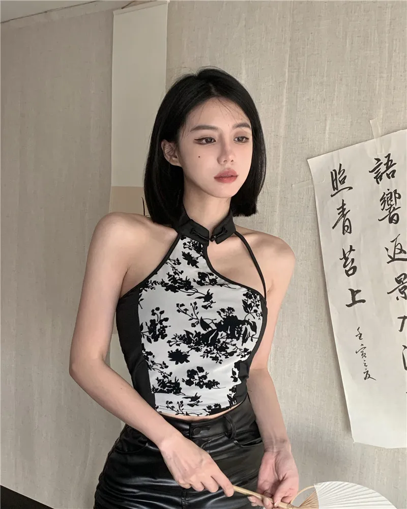 New Chinese Style Irregular Camis Women Autumn Elegant Temper Ink Print Sexy Halter Backless Fashion Party Romantic Crop Tops