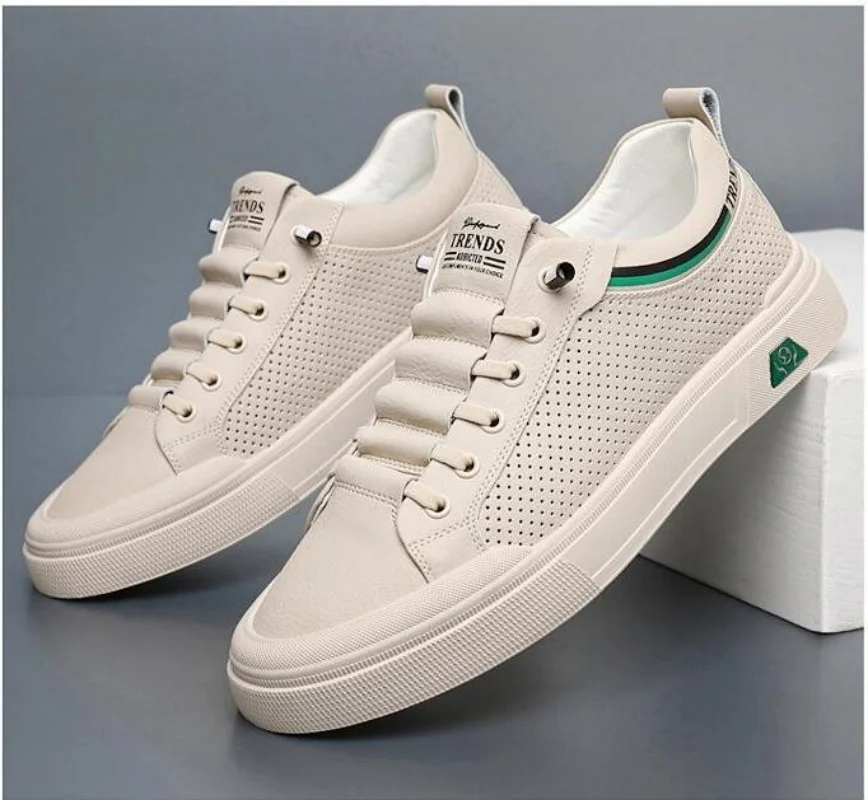 New Shoes for Men Genuine Leather Casual Shoes Street Trend Flat Skateboard Shoes Summer Breathable Cow Leather Sneaker 3