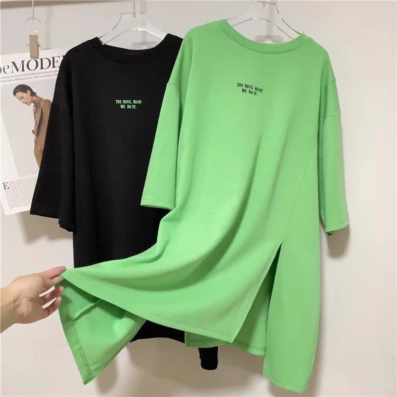 

Discount 100% Cotton 2023 Popular Loose Mid length Asymmetric Split T-shirt Green Solid Breathable Casual Large T-shirt