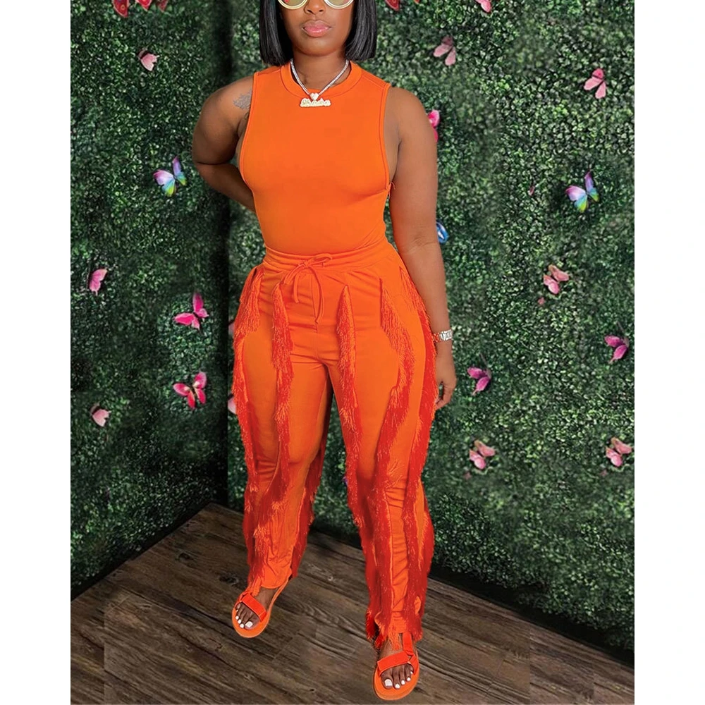 2023 Summer Women Casual O Neck Tank Top & Tassel Decor Drawstring Pants Set Fashion Femme Casual Long Skinny Spring Lady Pants
