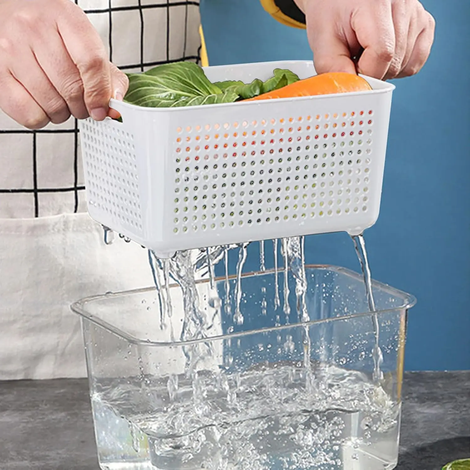 Fridge Food Storage Container Set with Lids with Strainer,Plastic Fresh Produce Saver Vegetable Fruit Meat Organizer 6