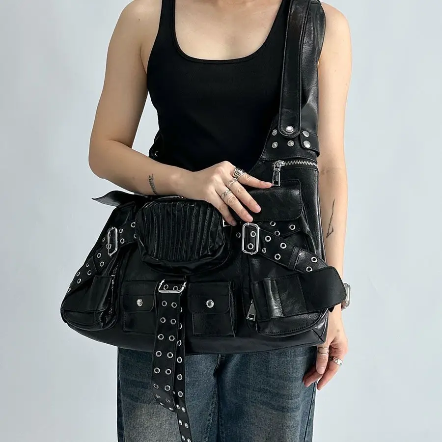 

Vintage Multiple Pockets Denim Women Shoulder Bags Punk Wide Strap Rivet Lady Handbags Retro Underarm Bags Female Purses 2024