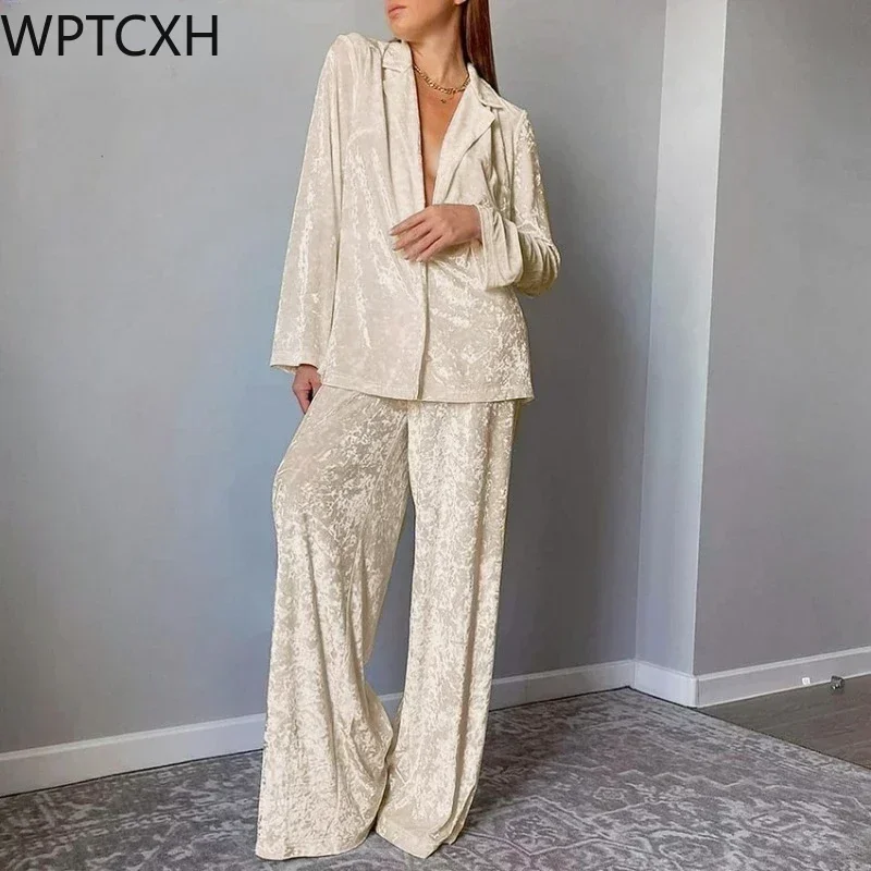 

WPTCXH Single Breasted Home Suit Velvet Sleepwear Long Sleeve Women Sets Lapel Nightwear Women's Pajamas Knitting Trouser Suits