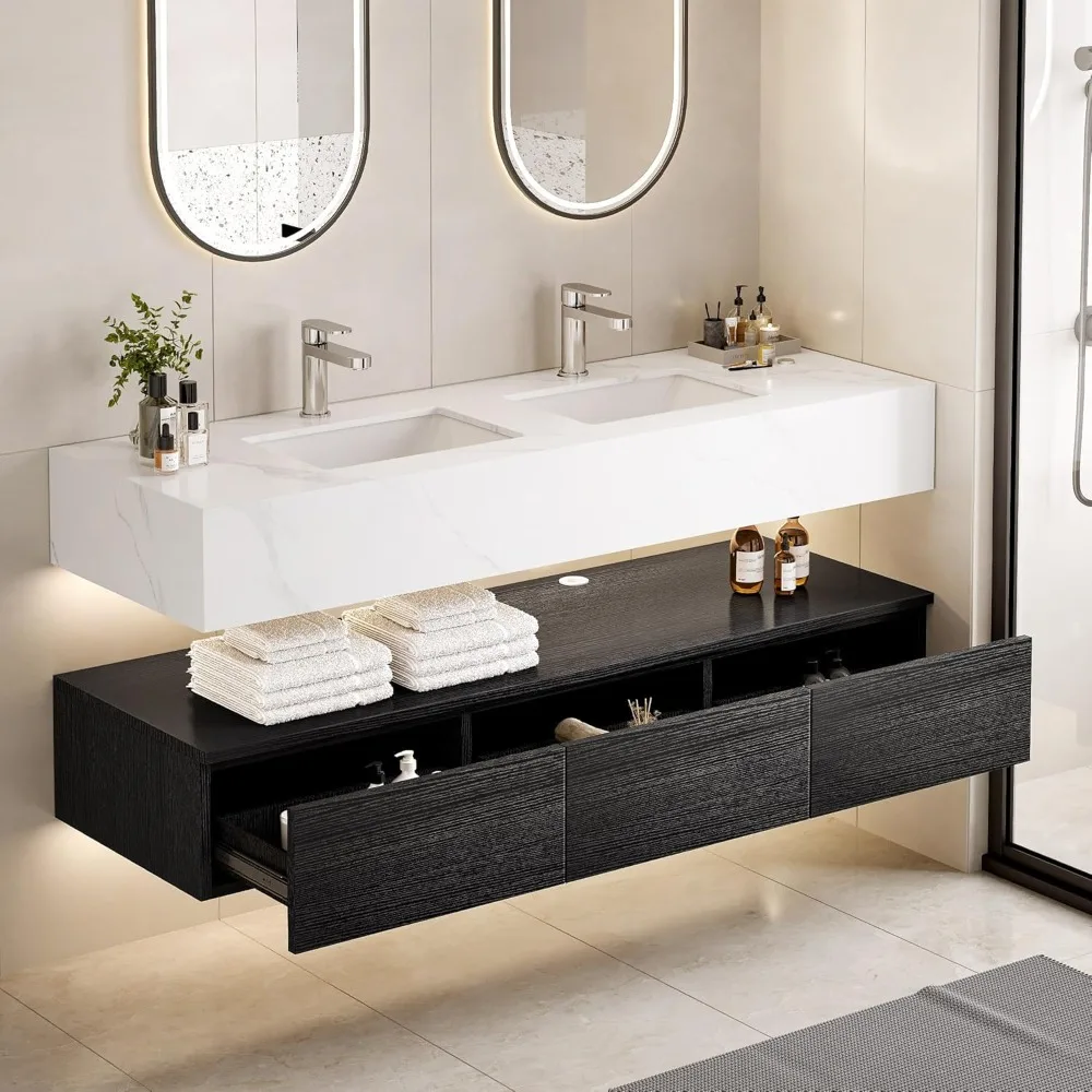 Floating Vanity Bathroom Double Integrated Set Wall Mounted Bathroom Storage Cabinet Sintered Stone Countertop