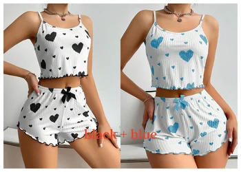 Women's Pajamas Set Sleepwear 2 PCS Short Tank Tops And Shorts S M L White Ventilate Soft Casual Love Printing 18
