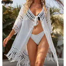 

Riseado Solid Swimwear Women 2022 New Beach Cover Up Sexy Tassel Hem Women's Kimono Knitted Tunic Half Sleeve Swimsuit Beachwear