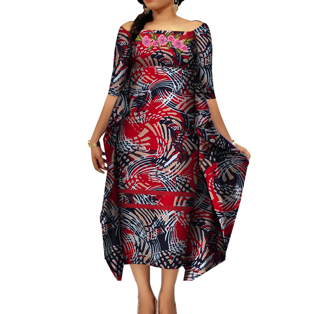 African Dresses for Women Slash Neck Bat Sleeve Swing Ankara Dresses Elegant African Printed Bazin Riche Clothing WY4187