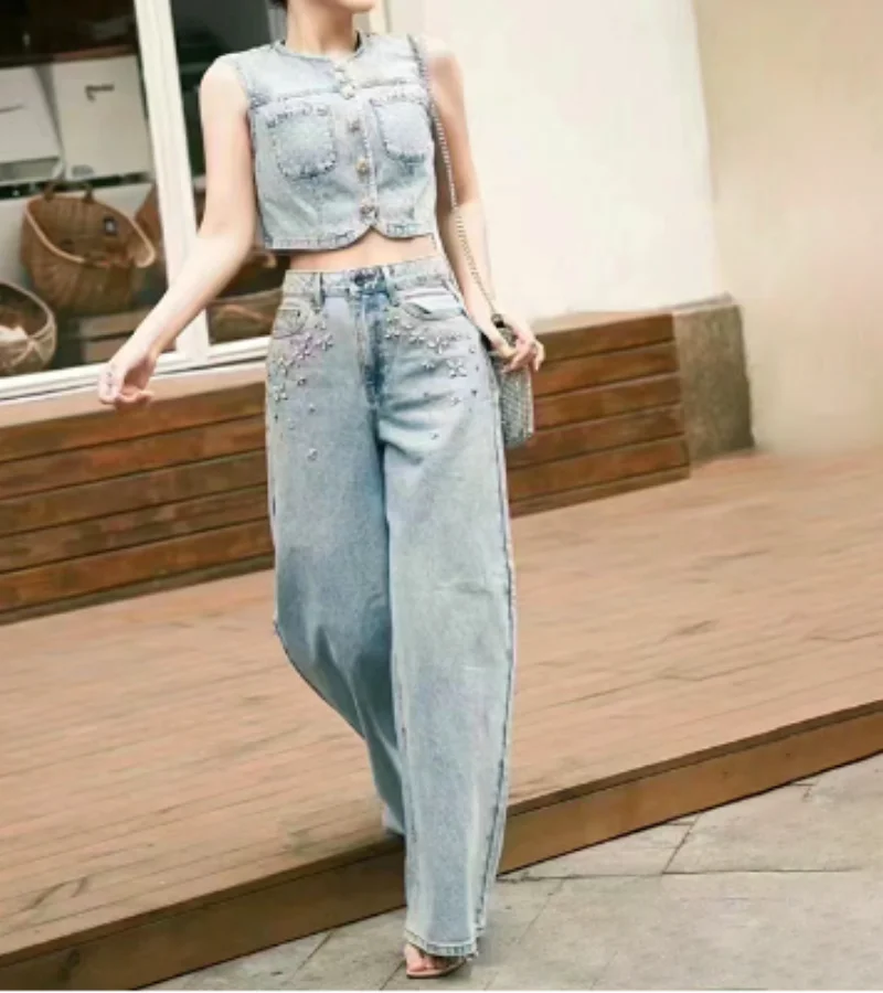 

Women Fashion Denim Suit Colored Diamond Buttons Sleeveless Vest or High Waist Wide Leg Pants 2024 Spring New