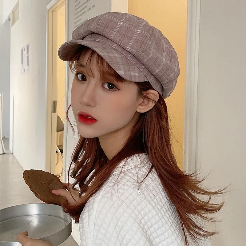 Women Beret Spring Summer Korean Style Striped Octagonal Cap Plaid Newsboy Cap Sun Hat
