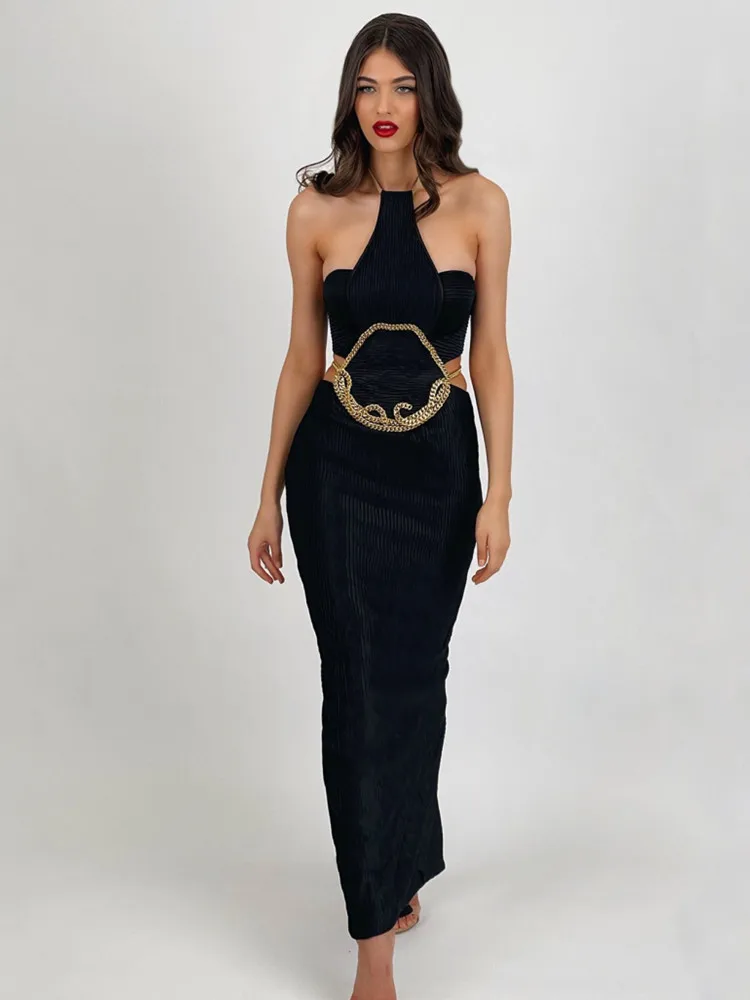 

Black Cokor Women Sexy Halter Backless Off the Shoulder Bodycon Mid-calf Dress Bandage Celebrate Nightclub Party Wear