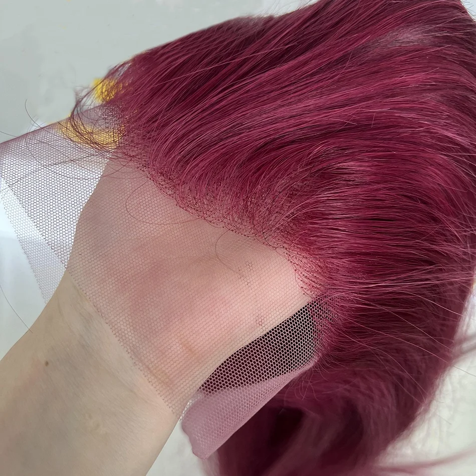 99J 버건디 컬러 13x4 레이스 정면 스트레이트 인모, 투명 레이스 멜트 스킨, 보이지 않는 레이스,  머리로 미리 뽑은