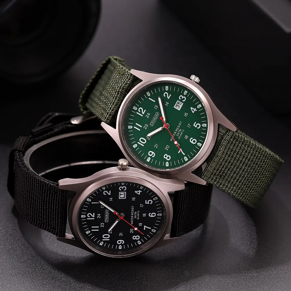 Gute Orologio da polso da uomo, stile militare, analogico, al quarzo, con data, con cinturino in tessuto di nylon, orologio sportivo con confezione