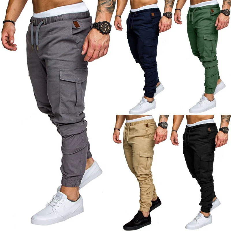 New-Men-s-Casual-Pants-Elastic-Waist-Cotton-Multi-Pocket-Solid-Color ...