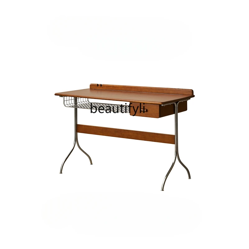 Mid-Ancient Desk Solid Wood Retro Style Home Computer Table Nordic Simple Stainless Steel Small Apartment Office Desk