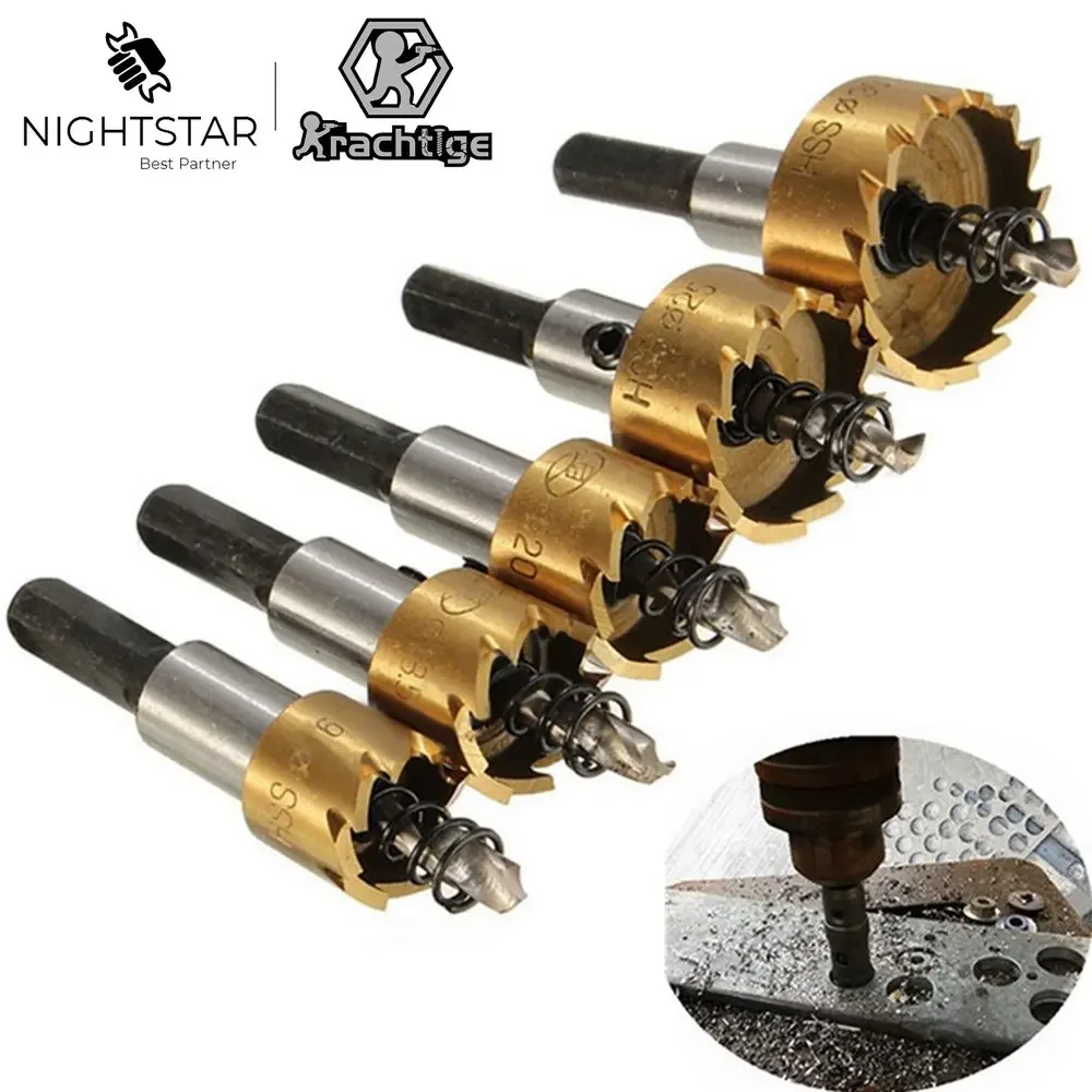 5Pcs Titanium Coated HSS Drill Bit Hole Saw Set Stainless Steel Metal Alloy Cutting 16 18.5 20 25 30mm for Woodworking