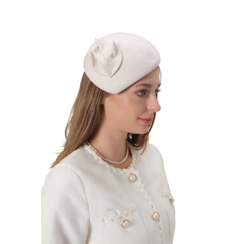 

2024 Spring British Style Royal Princess Elegant Pure Wool Felt Pillbox Fedoras White Pink Wool Fascinator Beret Hat Headwear