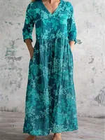 Plus size  Europe and the United States cross-border  spring and autumn hot sale printed pocket V-neck long sleeve dres - Image 3