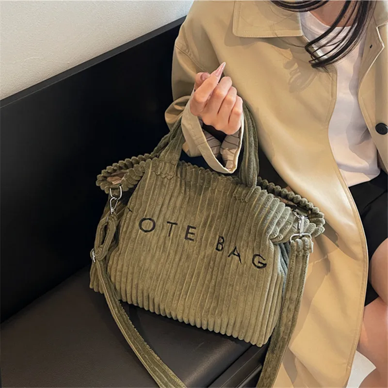 New Style Striped Velvet Handbag Women Shoulder Bag, Large Capacity Crossbody Bags, Versatile Letter Corduroy Women's Tote Bag