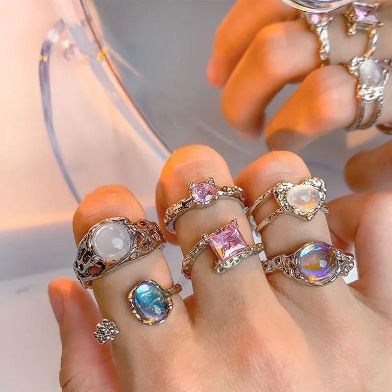 2023 Y2K Crystal Rings Kpop Heart Adjustable Ring Irregular Geometry Punk Vintage Rings Set for Women Girls Fashion Jewelry Gift