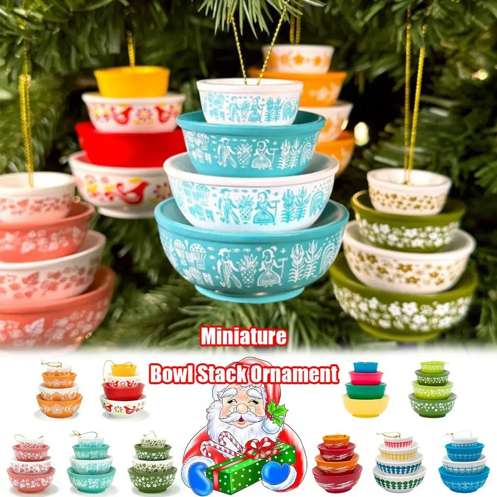 Christmas Stacking Bowls Ornament Retro Nesting Bowls Xmas Tree Hanging Decoration Miniature Resin Pendant for Kitchenware Decor