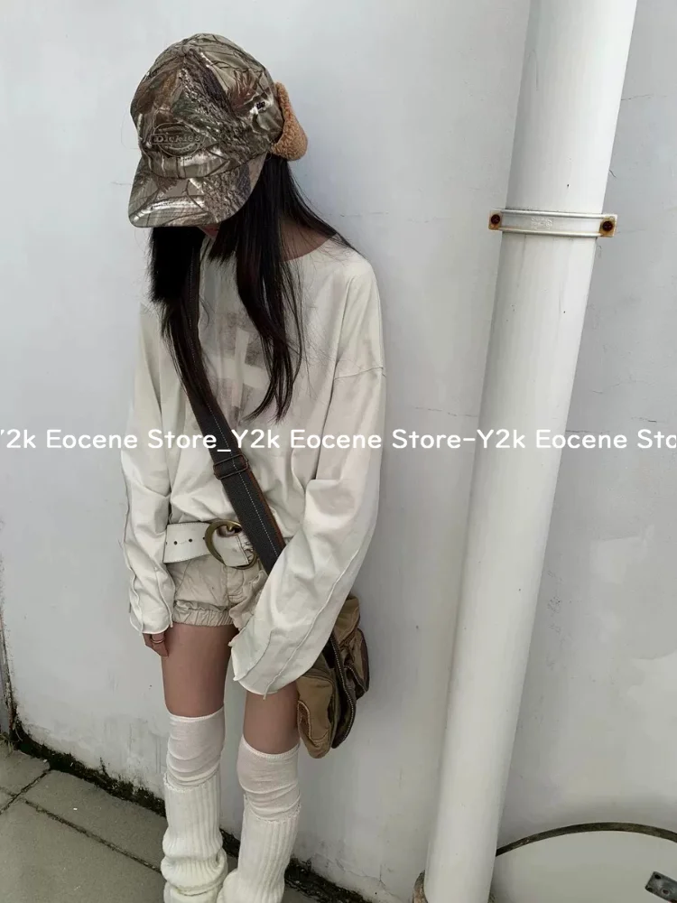 White Y2K Punk Cross Print T Shirt Women Loose Fit Long