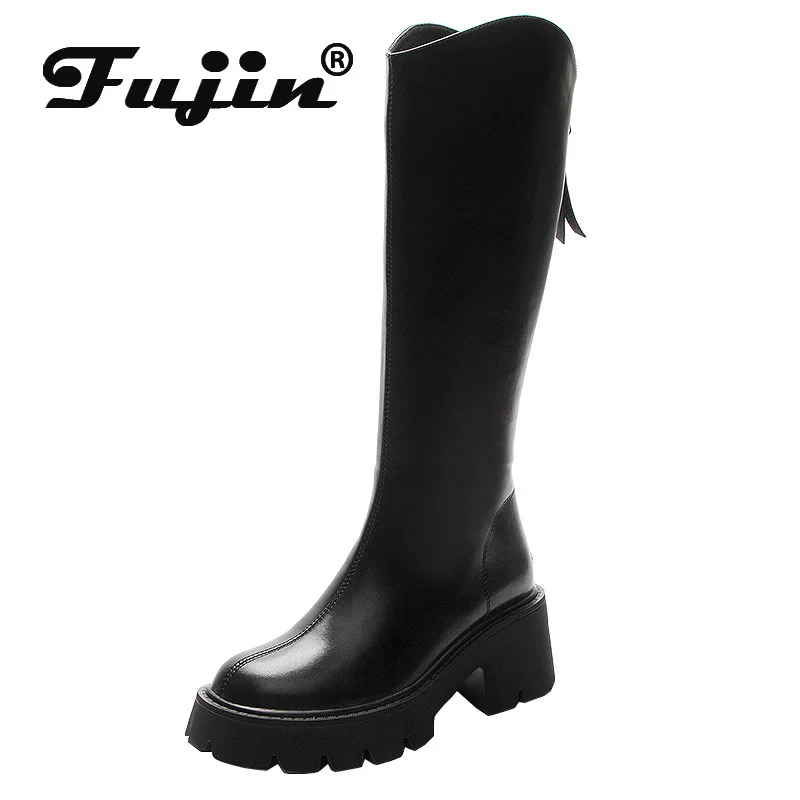 Fujin 7cm Full Cow Genuine Leather Women Boots Platform Wedge Heel Knee