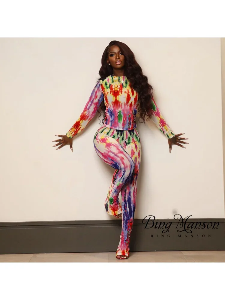 023 Spring/Summer New European and American Women's Fashion Mesh Printing Tight Top and Pants Casual Set Two Piece Set