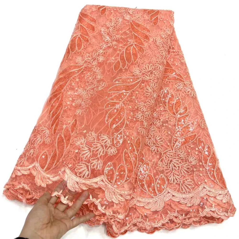 

Luxury African Lace Fabric Wedding Fabric 2023 High Quality Nigerian Sequined Lace French Tulle Fabric For Party Dress HD-0125