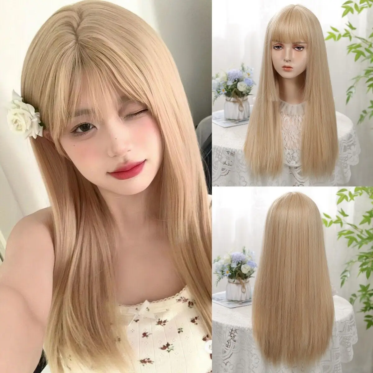 

Heat Resistant Hair Blonde Women Halloween Cosplay Wig With Bangs Long Straight