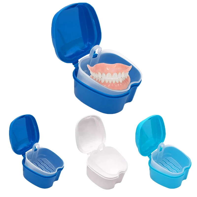 Denture Bath Box Case Portable Plastic Dental False Teeth Storage Box with Hanging Net Container Clean Denture Accessories