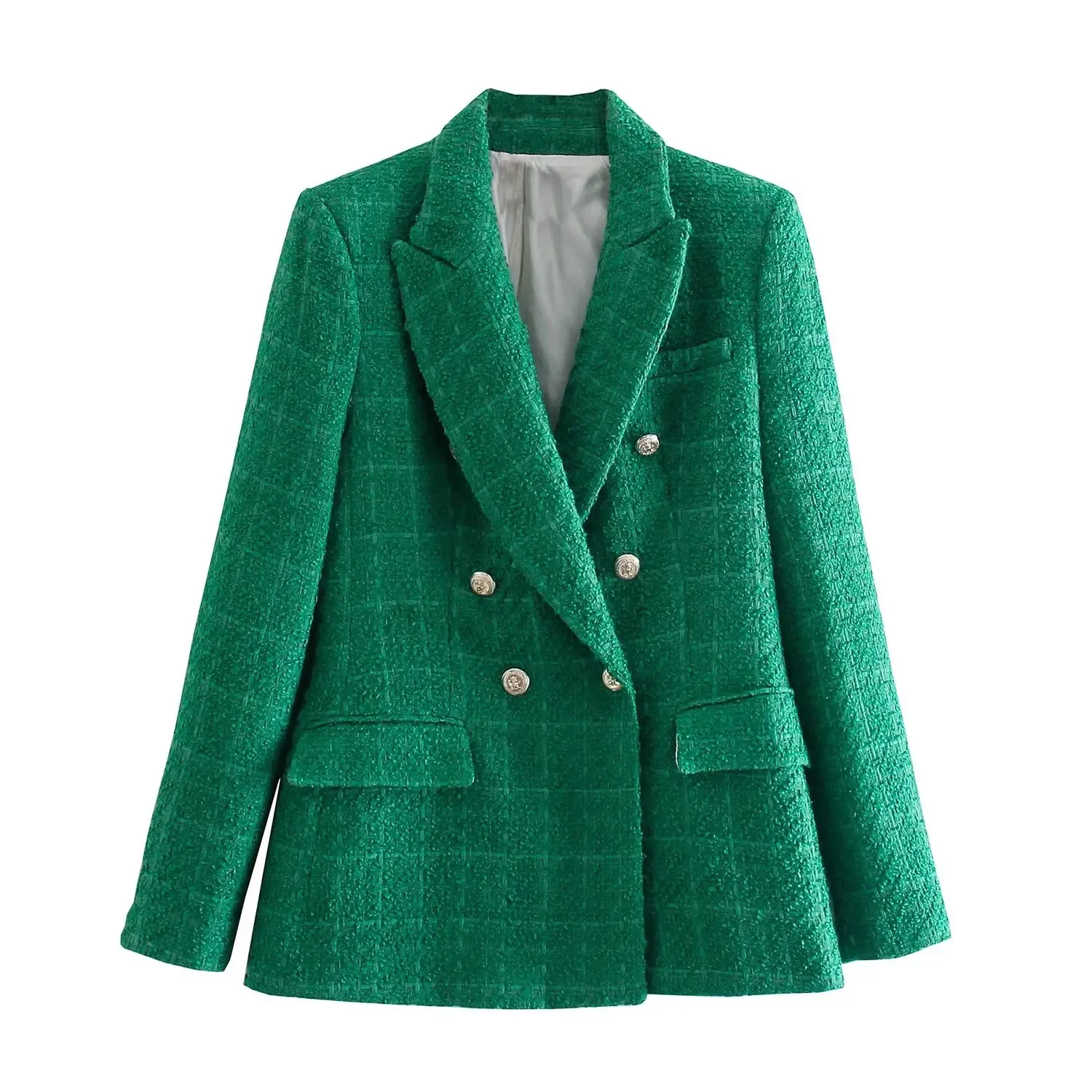 

Women 2022 New Fashion Double Breasted Tweed Check Blazer Coat Vintage Long Sleeve Pockets Female Outerwear Chic