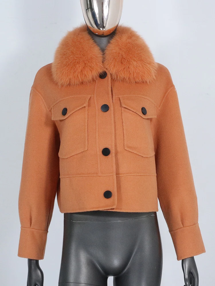 

2023 Wool Blends Winter Jacket Women Real Fur Coat Natural Fox Fur Collar Pocket Short Outerwear Streetwear New Fashion