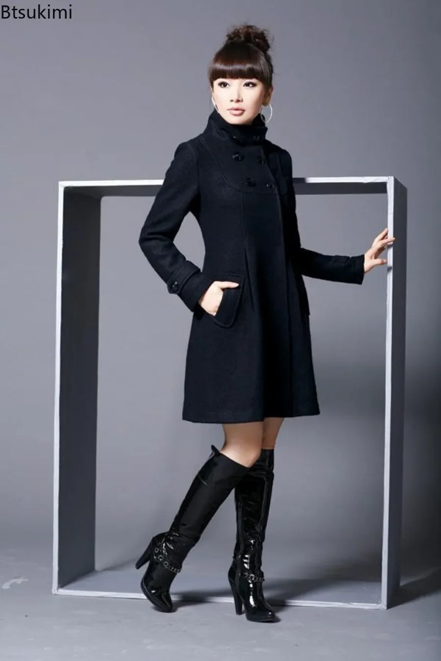 2024 Women's Thick Warm Blended Woolen Jacket Coat Autumn Winter Mid-length Hooded Cloak Shawl Coat Jacket Hooded Women Clothing