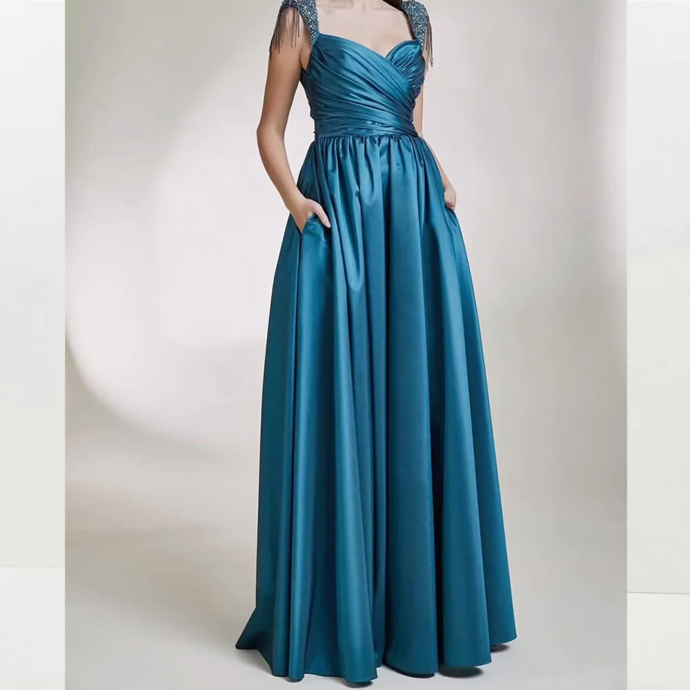 

Solid Color Prom Gown for Women V-Neck Spaghetti Strap Draped A-line Floor-Length Modern Evening Dresses فساتين للحفلات الراقصة